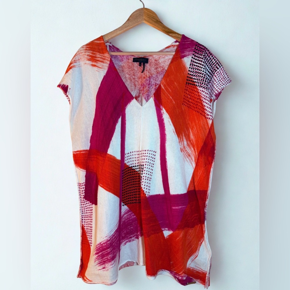 Donna Karan - Red - Orange - White Abstract V-Neck Sleeveless Top - Size Medium